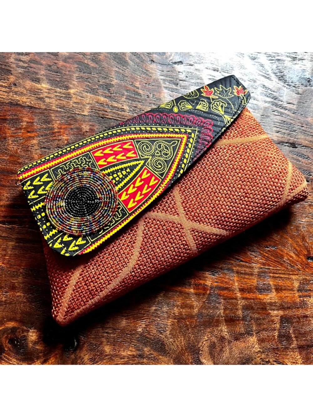 Handwoven African-Inspired Clutch Beaded Accent & Bold Patterned Flap 10" Length